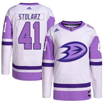 Authentic Adidas Men's Anthony Stolarz Anaheim Ducks Hockey Fights Cancer Primegreen Jersey - White/Purple