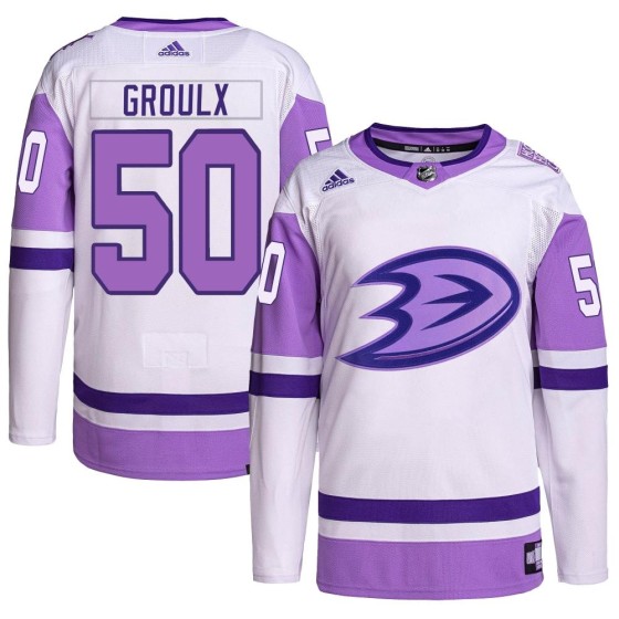 Authentic Adidas Men's Benoit-Olivier Groulx Anaheim Ducks Hockey Fights Cancer Primegreen Jersey - White/Purple