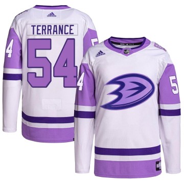 Authentic Adidas Men's Carey Terrance Anaheim Ducks Hockey Fights Cancer Primegreen Jersey - White/Purple