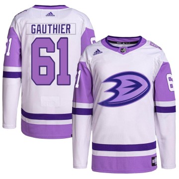 Authentic Adidas Men's Cutter Gauthier Anaheim Ducks Hockey Fights Cancer Primegreen Jersey - White/Purple