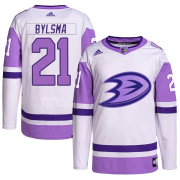 Authentic Adidas Men's Dan Bylsma Anaheim Ducks Hockey Fights Cancer Primegreen Jersey - White/Purple