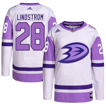 Authentic Adidas Men's Gustav Lindstrom Anaheim Ducks Hockey Fights Cancer Primegreen Jersey - White/Purple