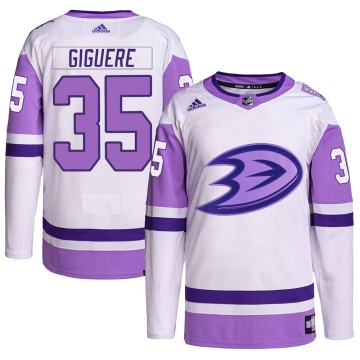 Authentic Adidas Men's Jean-Sebastien Giguere Anaheim Ducks Hockey Fights Cancer Primegreen Jersey - White/Purple