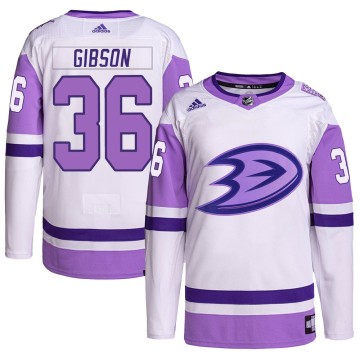Authentic Adidas Men's John Gibson Anaheim Ducks Hockey Fights Cancer Primegreen Jersey - White/Purple