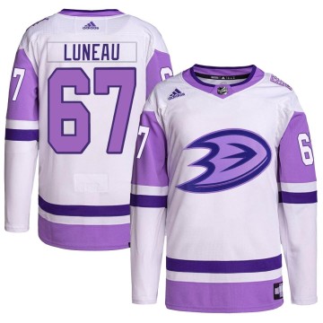 Authentic Adidas Men's Tristan Luneau Anaheim Ducks Hockey Fights Cancer Primegreen Jersey - White/Purple