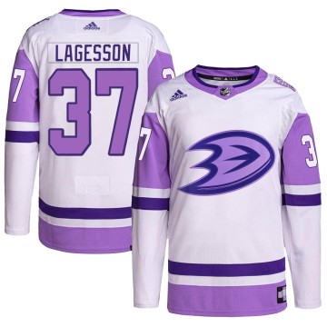 Authentic Adidas Men's William Lagesson Anaheim Ducks Hockey Fights Cancer Primegreen Jersey - White/Purple