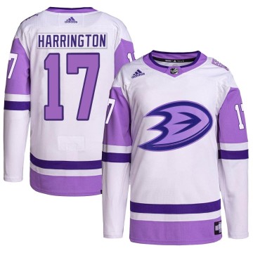 Authentic Adidas Youth Scott Harrington Anaheim Ducks Hockey Fights Cancer Primegreen Jersey - White/Purple